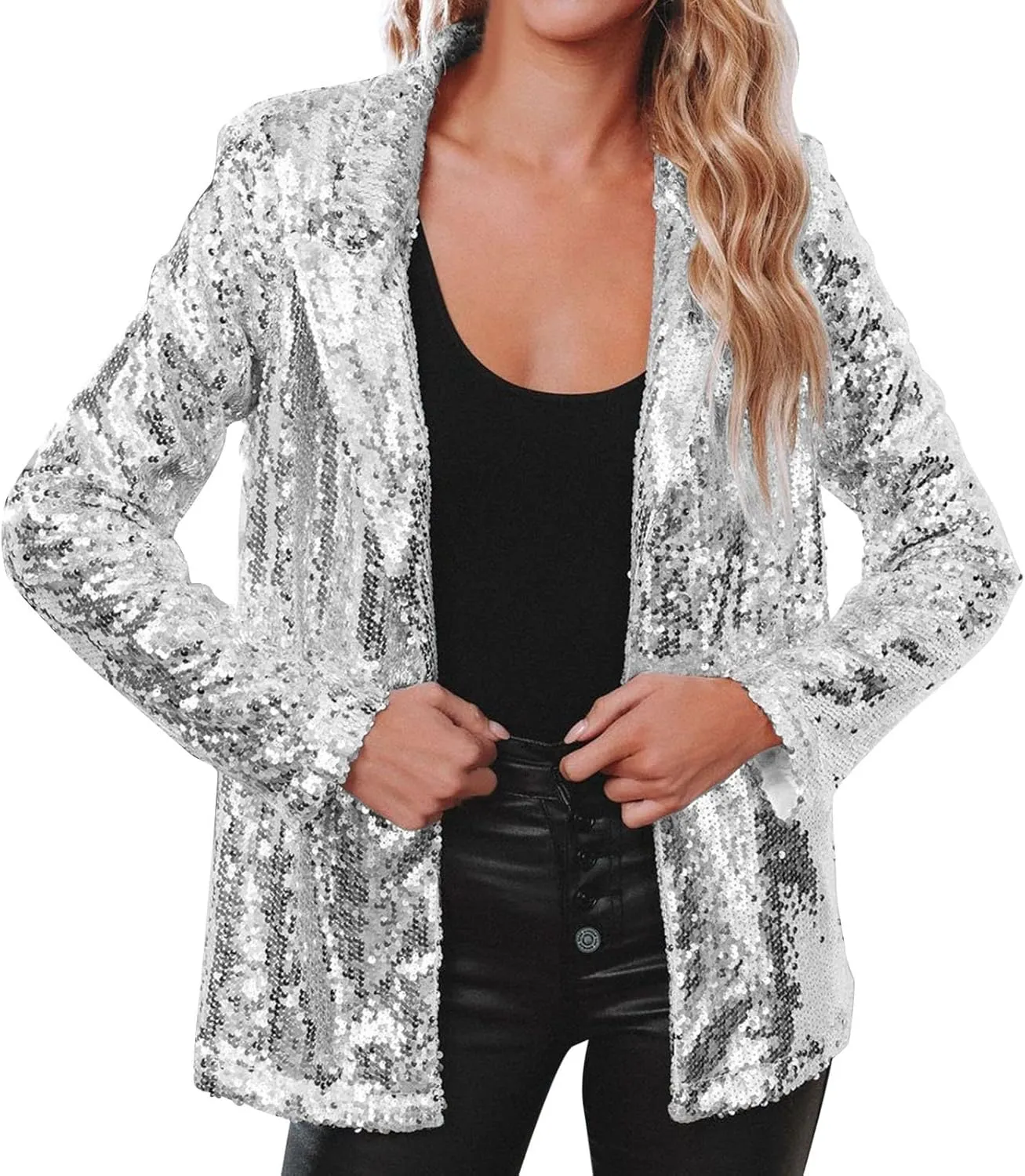 Womens Sequin Casual Blazers Lapel Long Sleeve Jacket Coat Business Open Front Cardigan Blazer 2024 Fall Party Suits