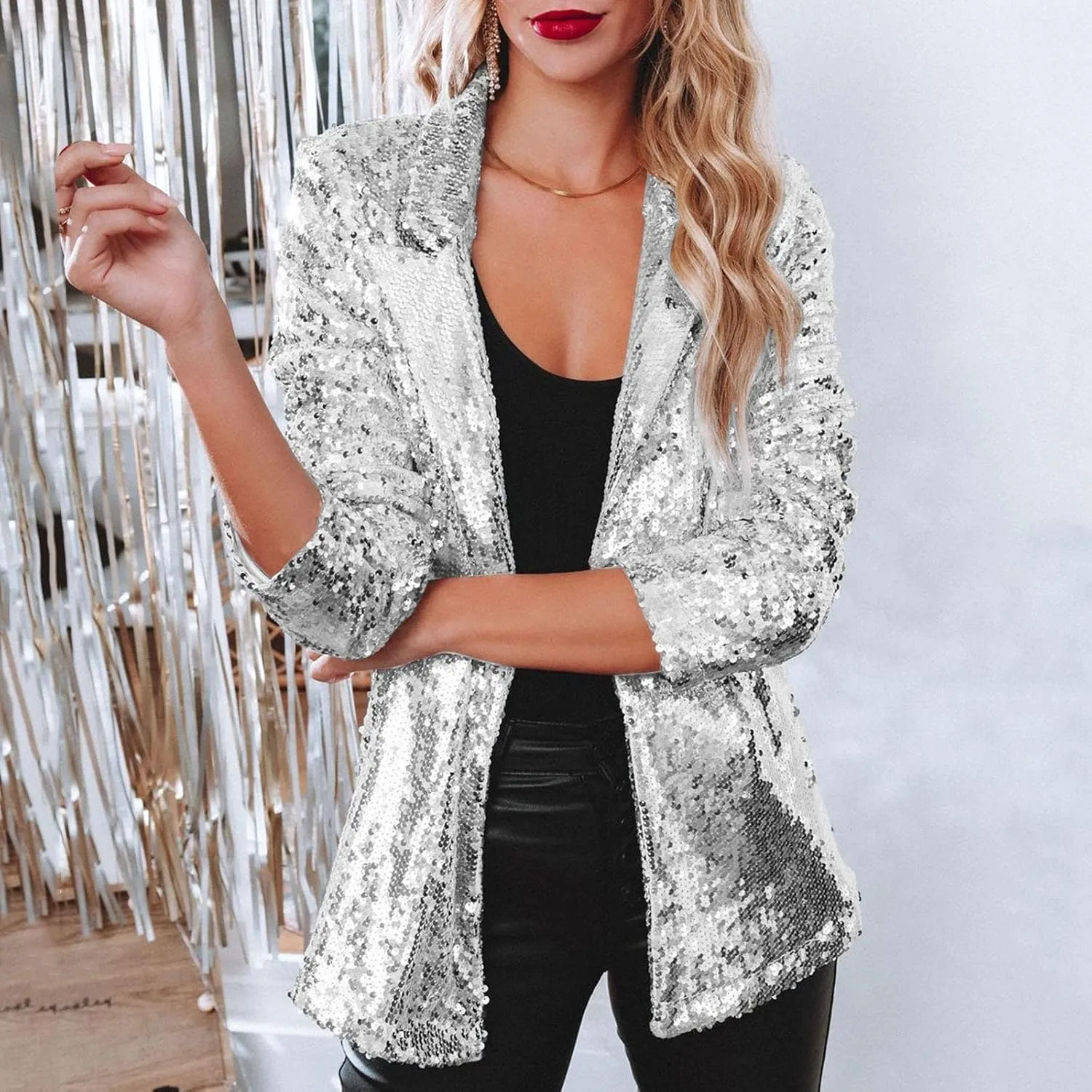 Womens Sequin Casual Blazers Lapel Long Sleeve Jacket Coat Business Open Front Cardigan Blazer 2024 Fall Party Suits