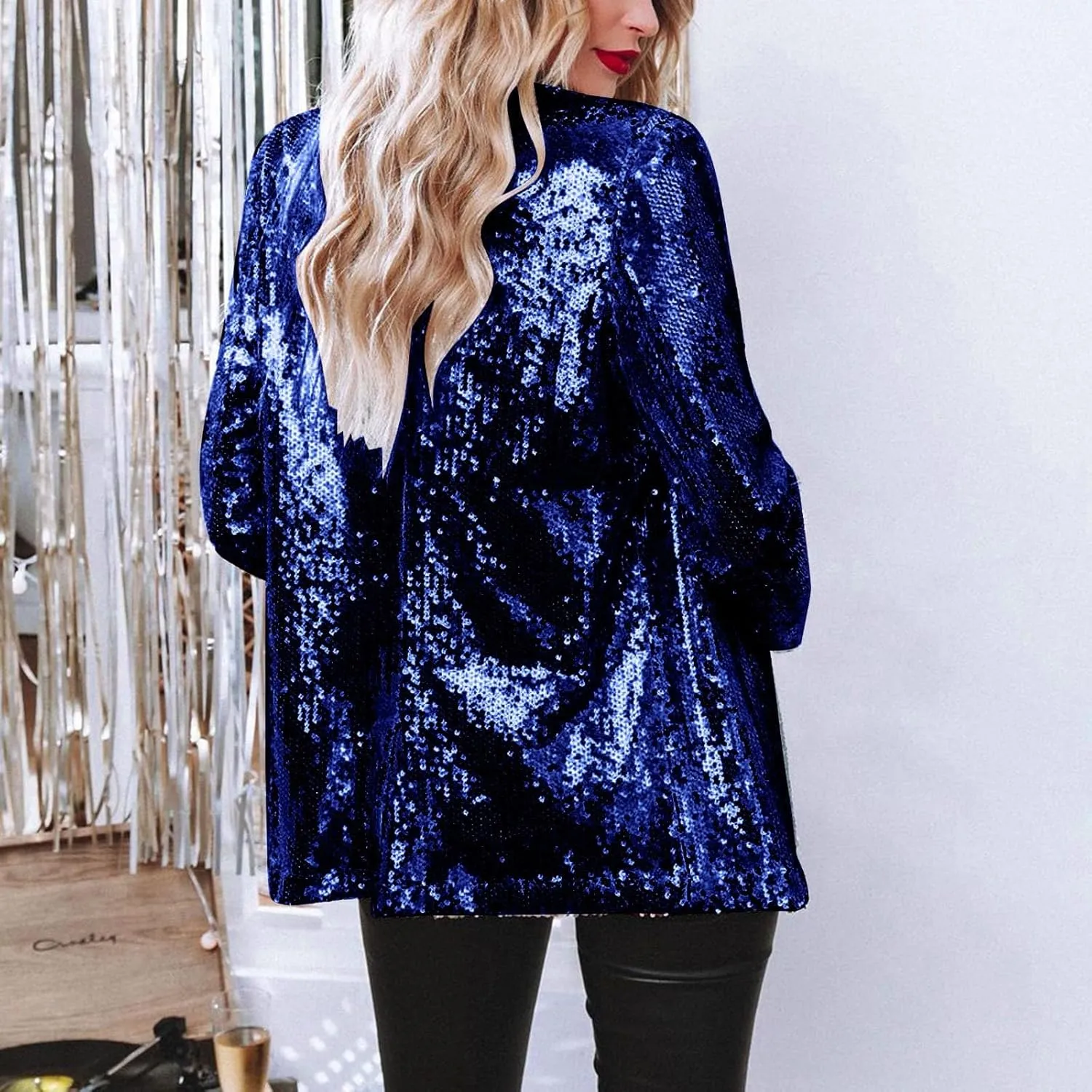 Women's Sequin Jacket Shiny Open Front Glitter Blazer Evening Party Sparkly Long Sleeve Slim Cardigan Coat