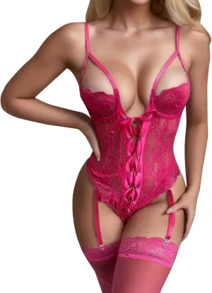 Womens Sexy Lingerie for Women Fashion Lace Up Front Floral Lace Garter Teddy Bodysuit Costumes Red Lace Sexy Lingerie