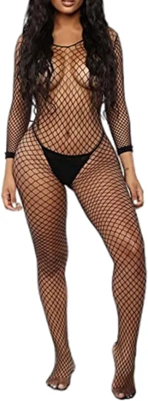 Women's Sexy Mesh BodyStocking Fishnet Lingerie Long Sleeve Bodysuits One Piece Jumpsuit Underwear Nightwear