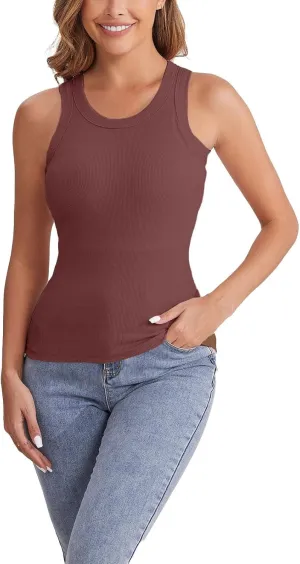 Womens Shelf Bra Tank Tops Racerback Workout Summer Round Neck Camis Yoga Shirt Soft Crop Gym Outfits Undershirt