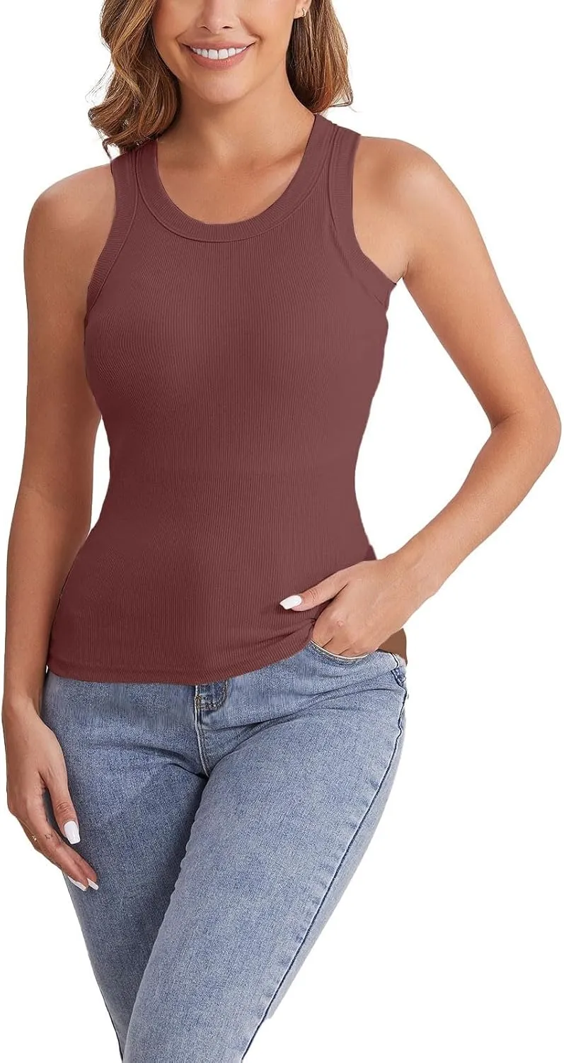 Womens Shelf Bra Tank Tops Racerback Workout Summer Round Neck Camis Yoga Shirt Soft Crop Gym Outfits Undershirt