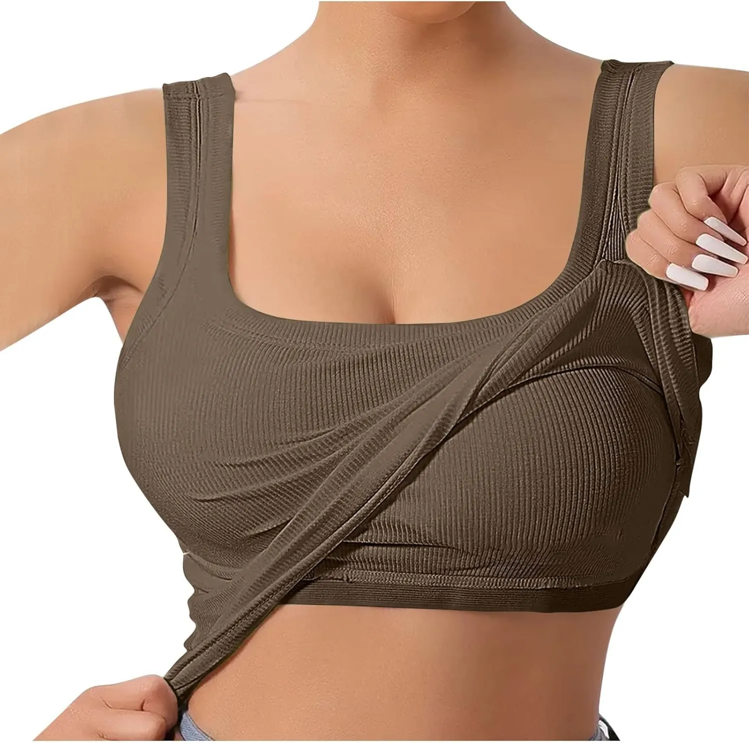 Womens Shelf Bra Tank Tops Racerback Workout Summer Round Neck Solid Camis Yoga Shirt Gym Outfits Layering Undershirt