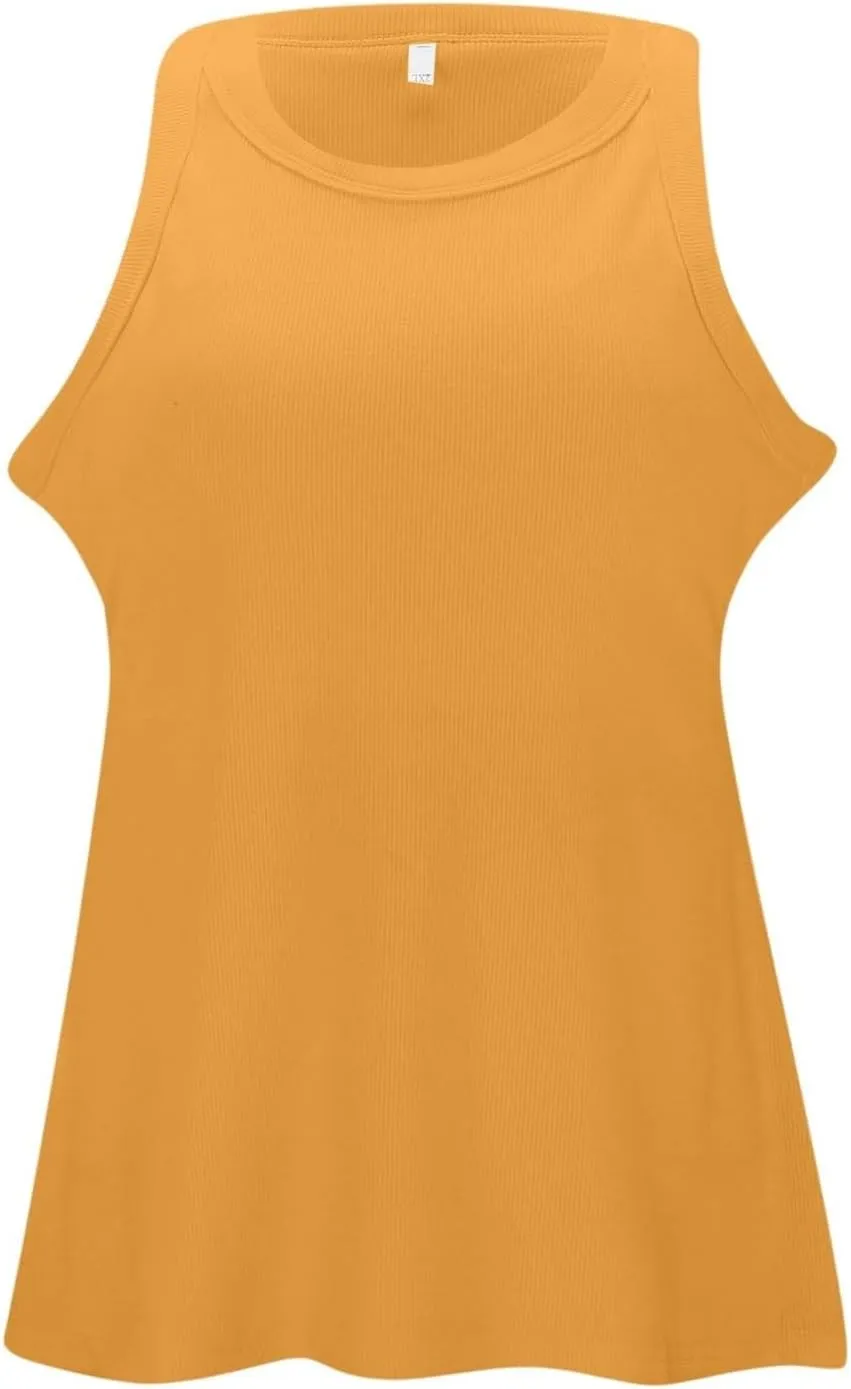 Womens Shelf Bra Tank Tops Racerback Workout Summer Round Neck Solid Camis Yoga Shirt Gym Outfits Layering Undershirt