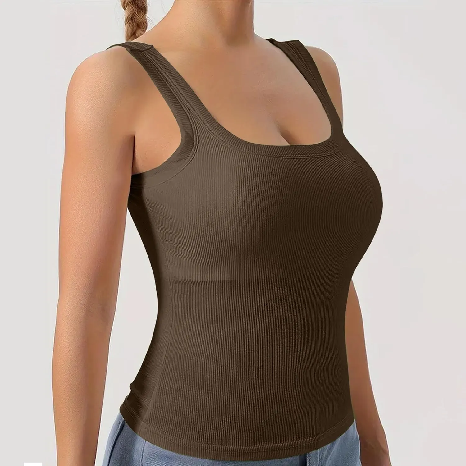 Womens Shelf Bra Tank Tops Racerback Workout Summer Round Neck Solid Camis Yoga Shirt Gym Outfits Layering Undershirt