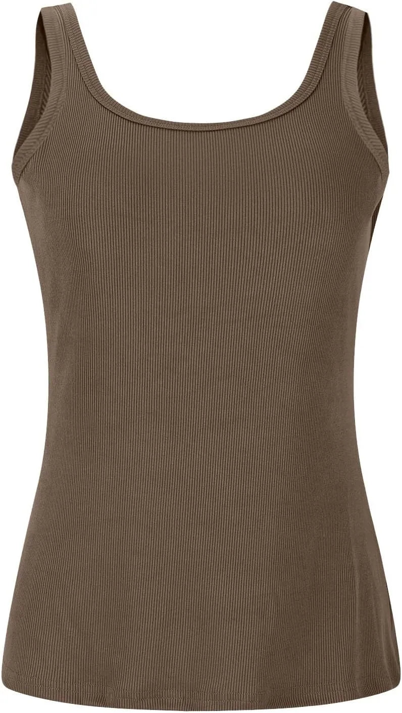 Womens Shelf Bra Tank Tops Racerback Workout Summer Round Neck Solid Camis Yoga Shirt Gym Outfits Layering Undershirt