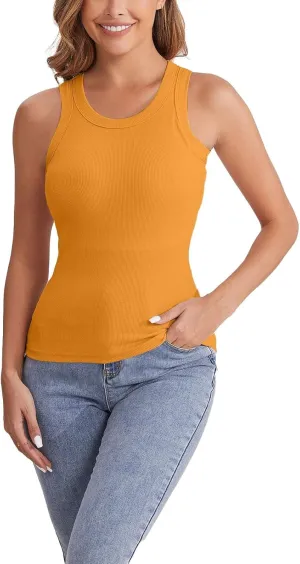 Womens Shelf Bra Tank Tops Racerback Workout Summer Round Neck Solid Camis Yoga Shirt Gym Outfits Layering Undershirt