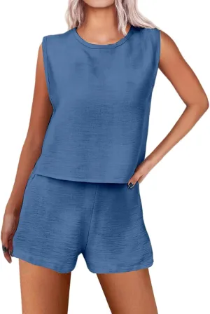 Womens Short Sets Casual Crew Neck Sleeveless Tank Tops Baggy Shorts 2 Piece Outfits Trendy Solid Color Tracksuits