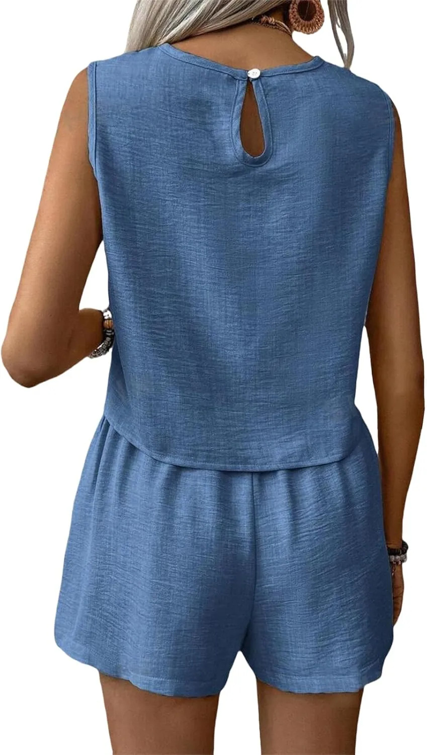 Womens Short Sets Casual Crew Neck Sleeveless Tank Tops Baggy Shorts 2 Piece Outfits Trendy Solid Color Tracksuits