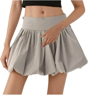 Women's Solid Color Mid Waisted Bubble Skirts, Summer Outdoor Workout Tennis Skirt Ruched Comfy Casual Bloomer