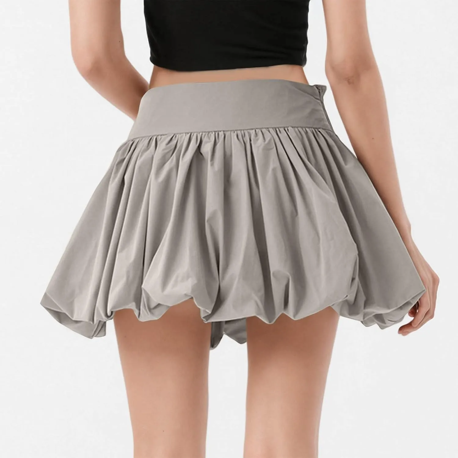 Women's Solid Color Mid Waisted Bubble Skirts, Summer Outdoor Workout Tennis Skirt Ruched Comfy Casual Bloomer