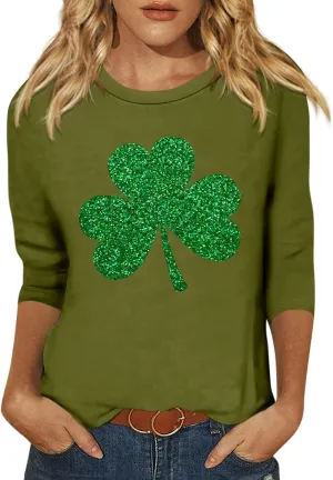 Womens St. Patrick's Day Shirts 3/4 Sleeve Green Shirts for Women Lucky,3/4 Sleeve Shirts for Women Cotton Fall T Shirts