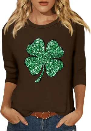 Womens St. Patrick's Day Shirts 3/4 Sleeve Green Shirts for Women Lucky,3/4 Sleeve Shirts for Women Cotton Fall T Shirts