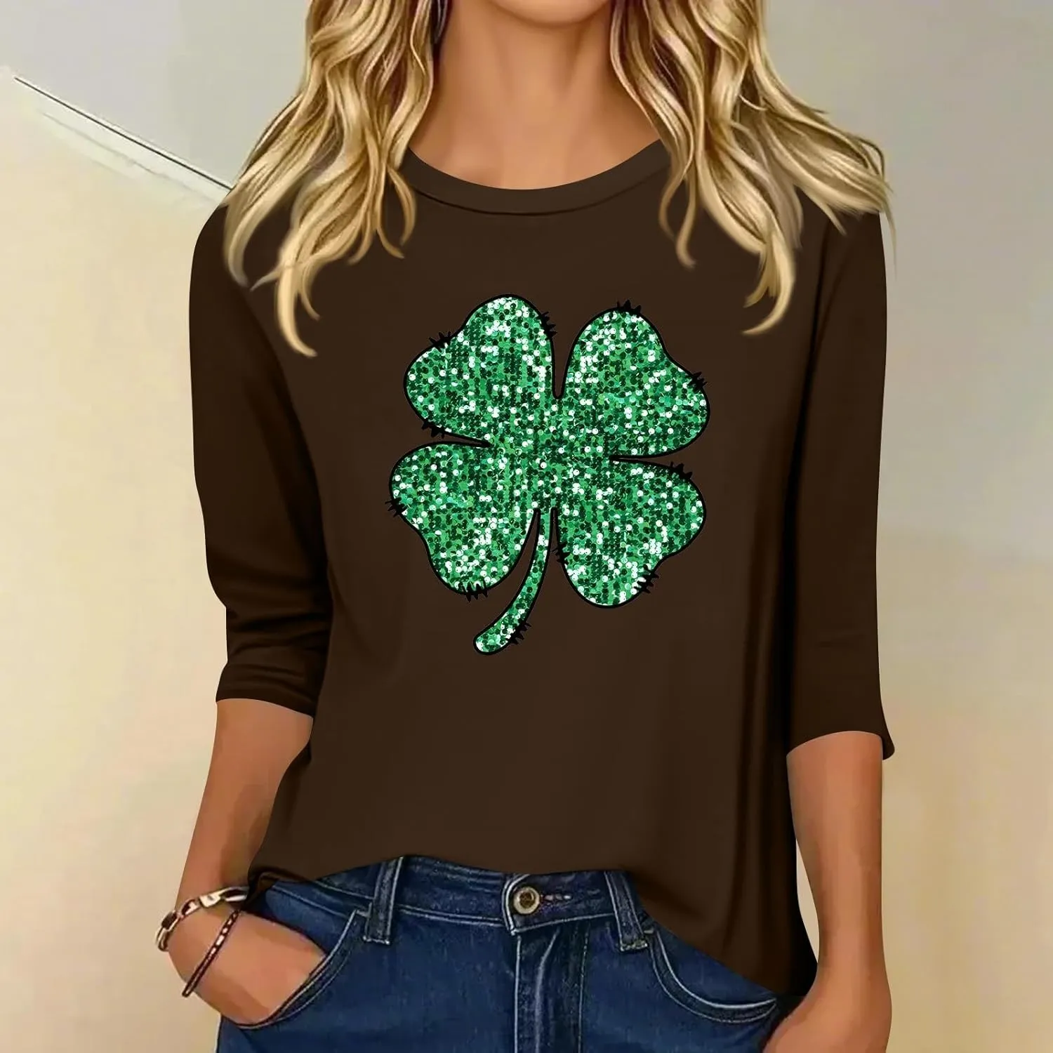 Womens St. Patrick's Day Shirts 3/4 Sleeve Green Shirts for Women Lucky,3/4 Sleeve Shirts for Women Cotton Fall T Shirts