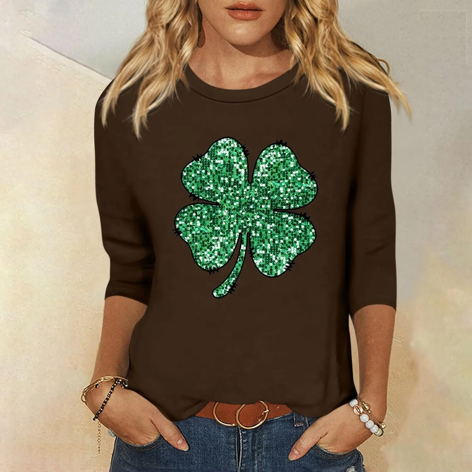 Womens St. Patrick's Day Shirts 3/4 Sleeve Green Shirts for Women Lucky,3/4 Sleeve Shirts for Women Cotton Fall T Shirts