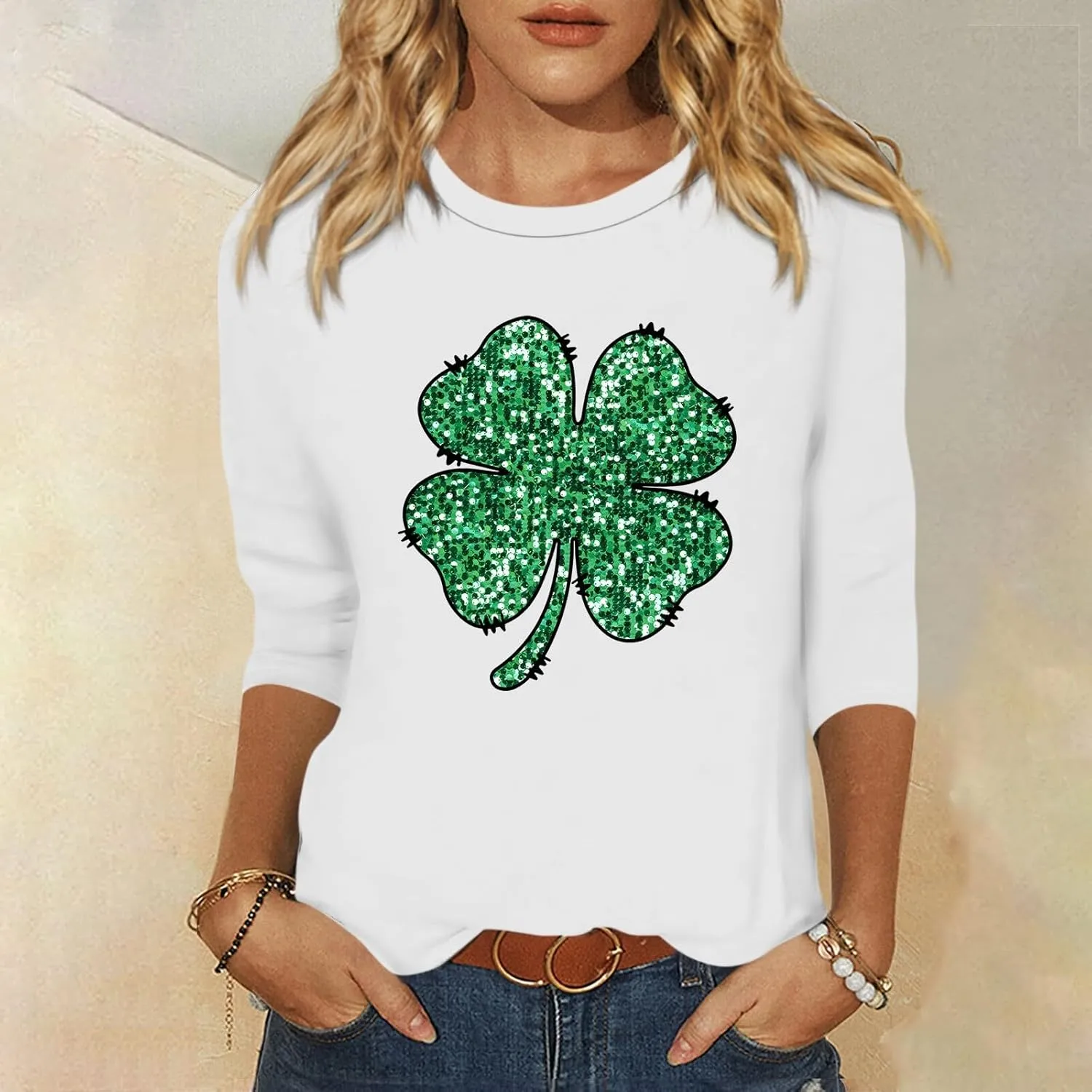 Womens St. Patrick's Day Shirts 3/4 Sleeve Green Shirts for Women Lucky,3/4 Sleeve Shirts for Women Cotton Fall T Shirts