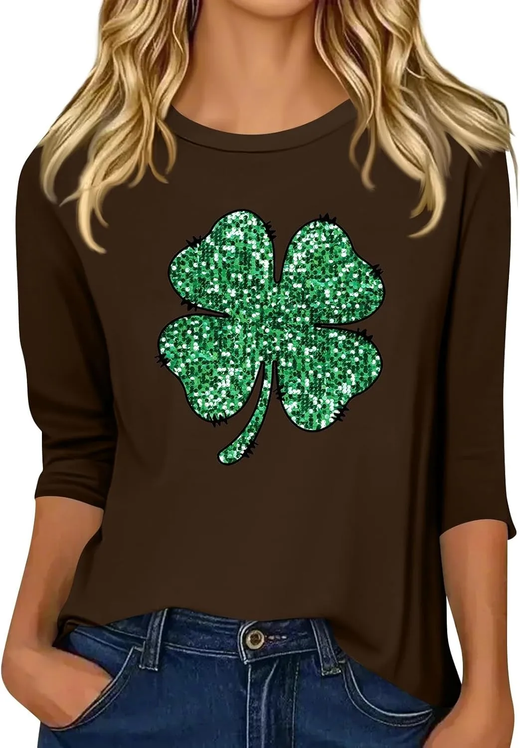 Womens St. Patrick's Day Shirts 3/4 Sleeve Green Shirts for Women Lucky,3/4 Sleeve Shirts for Women Cotton Fall T Shirts