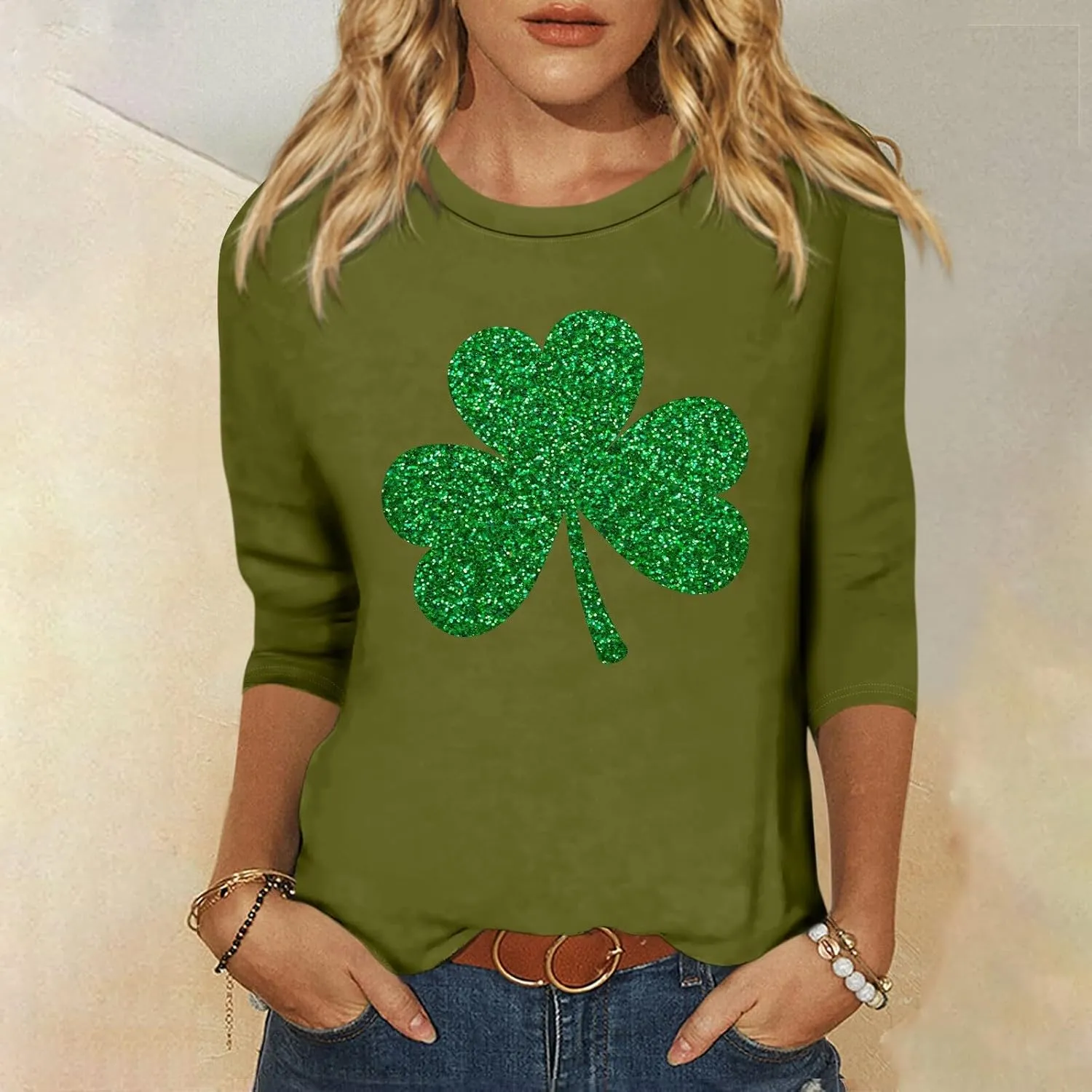 Womens St. Patrick's Day Shirts 3/4 Sleeve Green Shirts for Women Lucky,3/4 Sleeve Shirts for Women Cotton Fall T Shirts