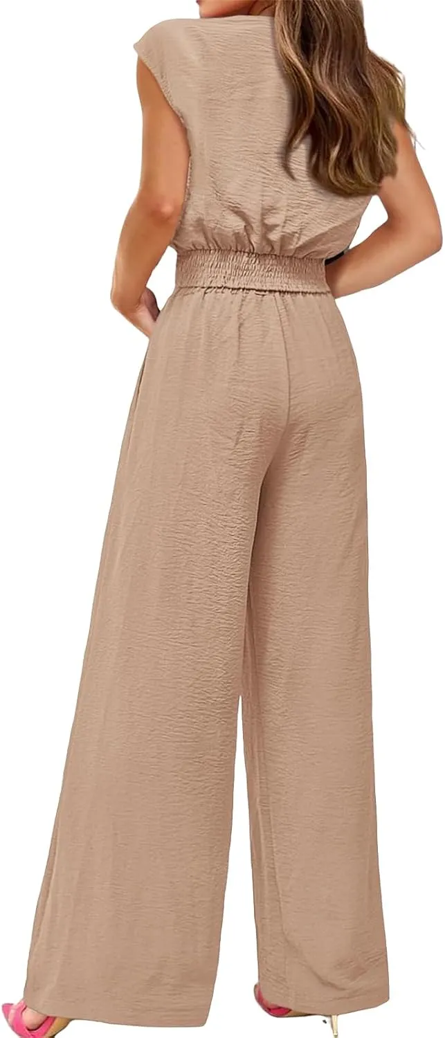 Women's Summer 2 Piece Outfits Cap Sleeve V Neck Belted Crop Tops Wide Leg Pant Sets Travel Vacation Outfits Tracksuit
