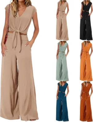 Women's Summer 2 Piece Outfits Cap Sleeve V Neck Belted Crop Tops Wide Leg Pant Sets Travel Vacation Outfits Tracksuit