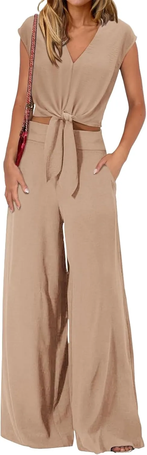 Women's Summer 2 Piece Outfits Cap Sleeve V Neck Belted Crop Tops Wide Leg Pant Sets Travel Vacation Outfits Tracksuit