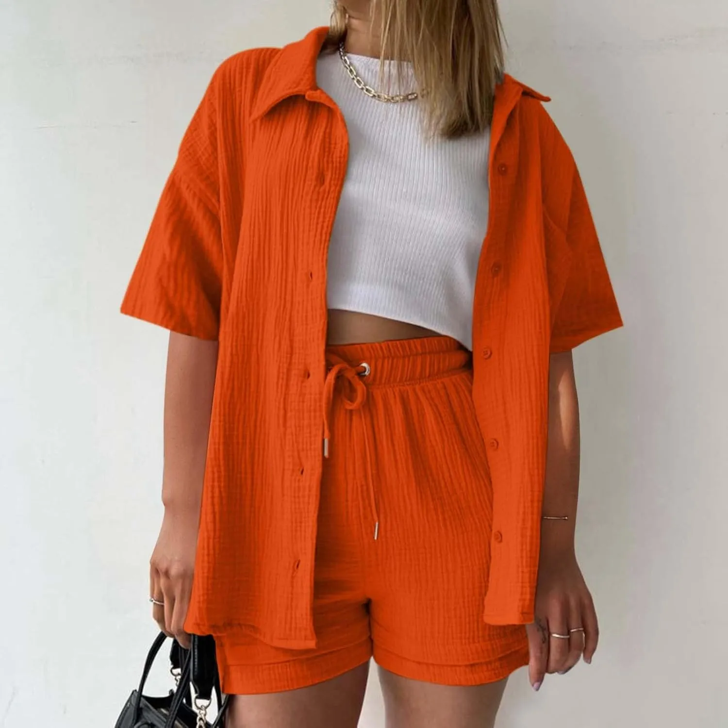 Womens Summer 2 Piece Outfits Linen Button Down Shirt & Drawstring Shorts Set Casual Beach Loungewear Tracksuit