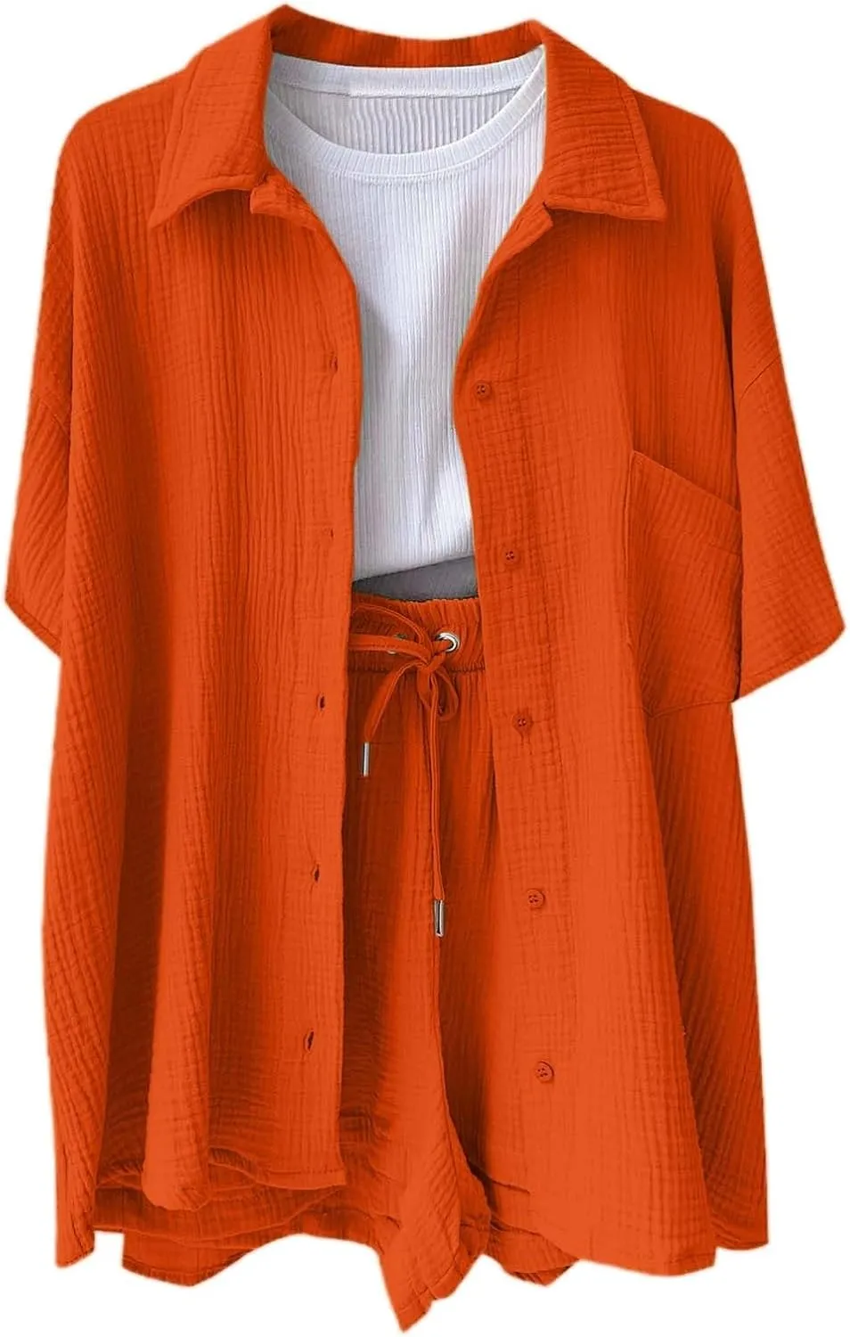 Womens Summer 2 Piece Outfits Linen Button Down Shirt & Drawstring Shorts Set Casual Beach Loungewear Tracksuit
