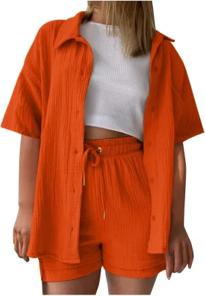 Womens Summer 2 Piece Outfits Linen Button Down Shirt & Drawstring Shorts Set Casual Beach Loungewear Tracksuit