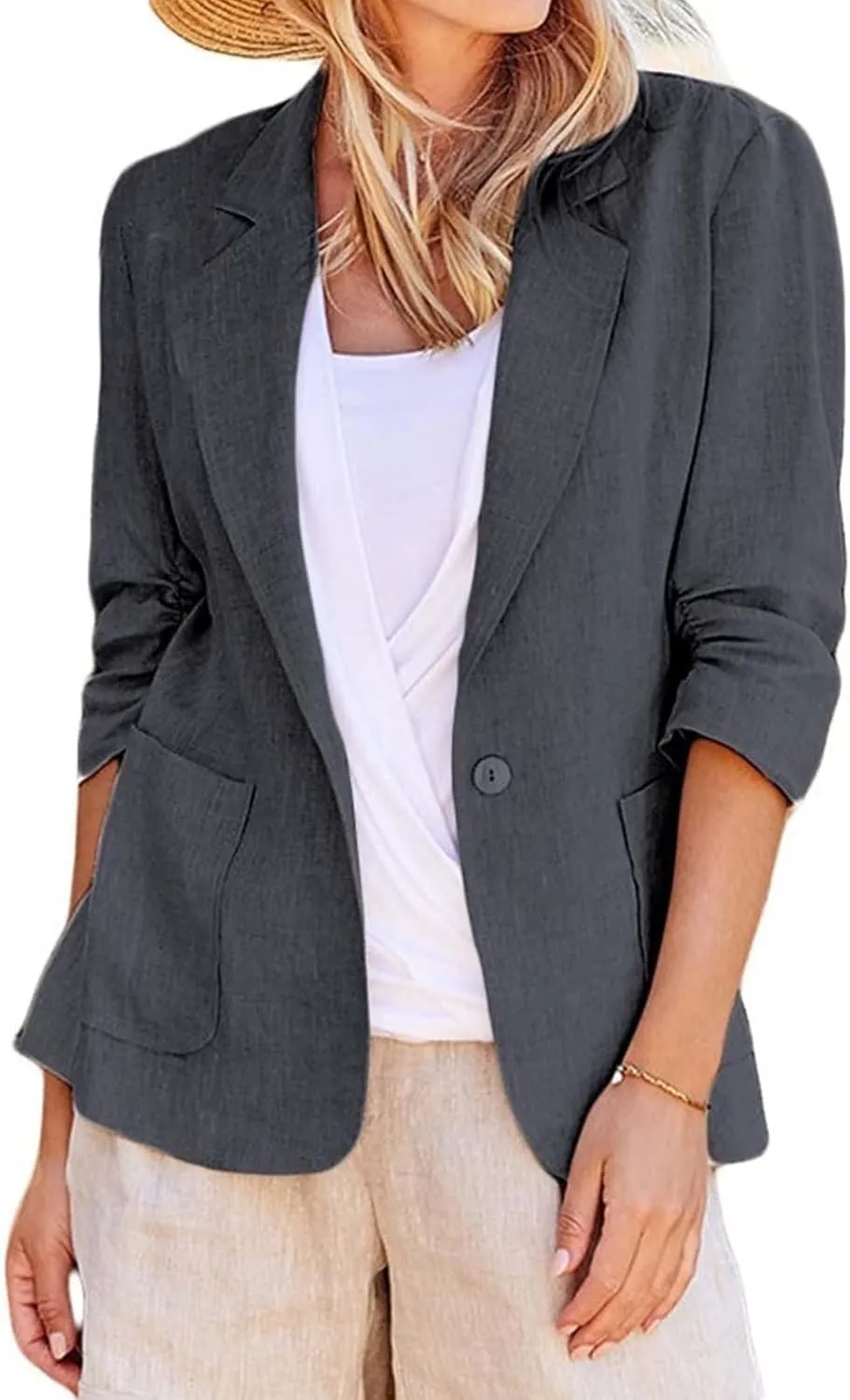 Women's Summer Blazer Button 3/4 Sleeve Pocket Lapel Work Jacket Comfortable Comfort Fit Fashion Lightweight
