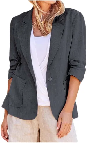 Women's Summer Blazer Button 3/4 Sleeve Pocket Lapel Work Jacket Comfortable Comfort Fit Fashion Lightweight