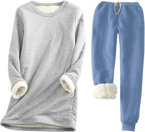Womens Sweatsuits 2 Piece Set Winter Warm Sherpa Lined Fleece Sweatshirt Sweatpants Tracksuit Casual Loungewear Sets