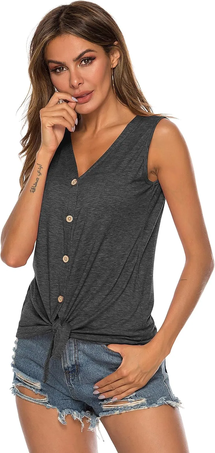 Women's Tie Knot Button Down Shirts Sleeveless Casual Blouse Curved Hemline Tops S-XXL