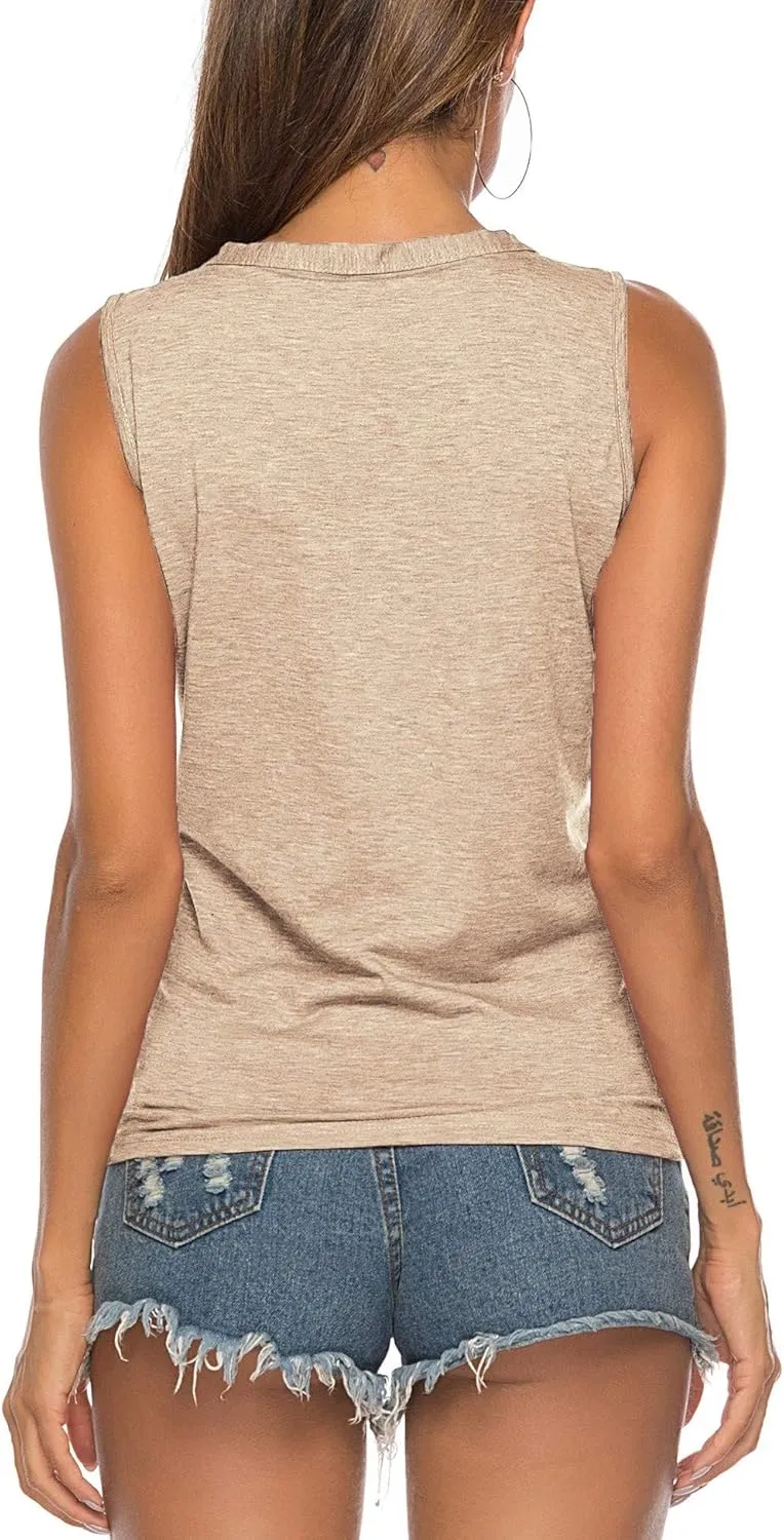 Women's Tie Knot Button Down Shirts Sleeveless Casual Blouse Curved Hemline Tops S-XXL