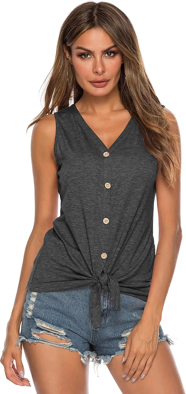 Women's Tie Knot Button Down Shirts Sleeveless Casual Blouse Curved Hemline Tops S-XXL