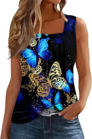 Womens Tops 2025 Square Neck Sleeveless Casual Tunic Tees Trendy Floral Print Loose Soft Comfy Summer Shirts