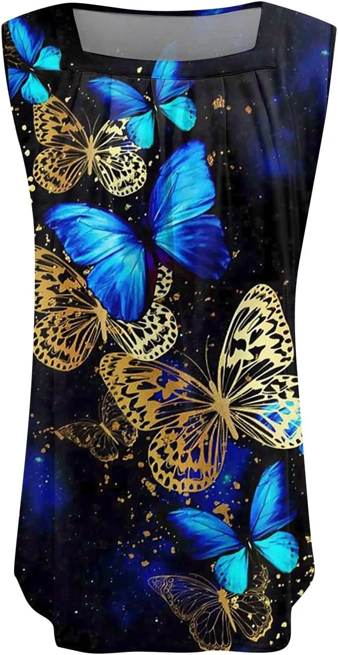 Womens Tops 2025 Square Neck Sleeveless Casual Tunic Tees Trendy Floral Print Loose Soft Comfy Summer Shirts