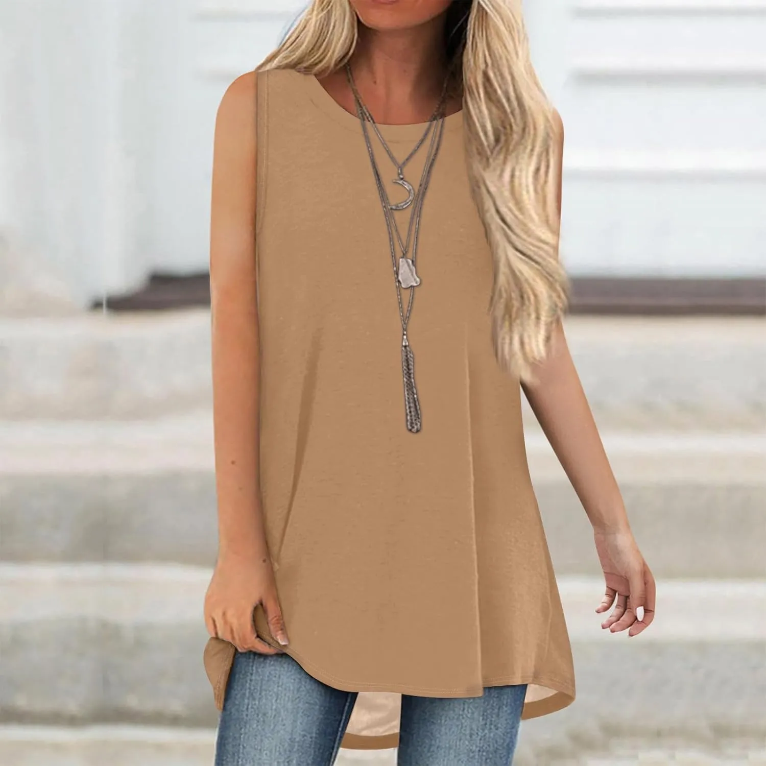 Womens Tunic Tops to Wear with Leggings Summer Casual Loose T Shirt Round Neck Sleeveless Tank Tops