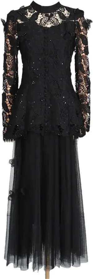 Women's Two-Piece Embroidered Long Sleeve Top   High Waist Net Skirt, Spring Dress