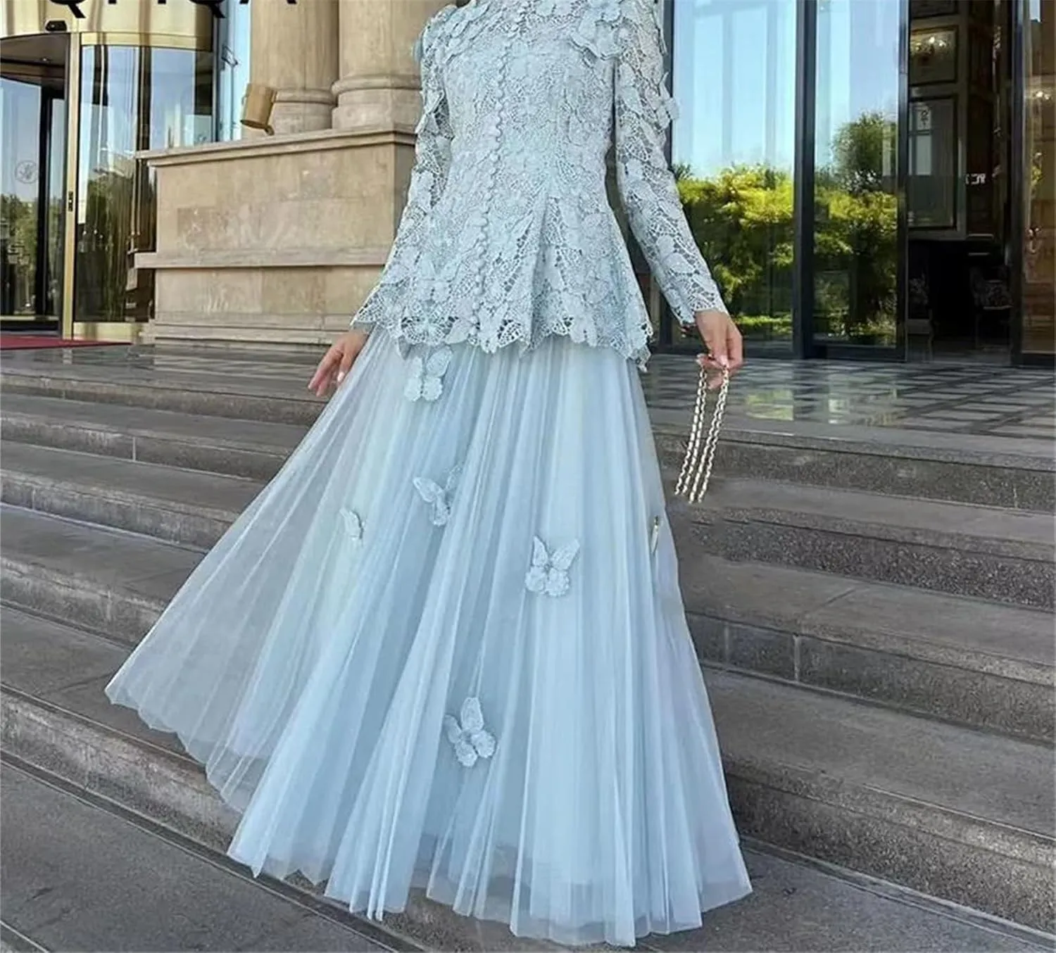 Women's Two-Piece Embroidered Long Sleeve Top   High Waist Net Skirt, Spring Dress
