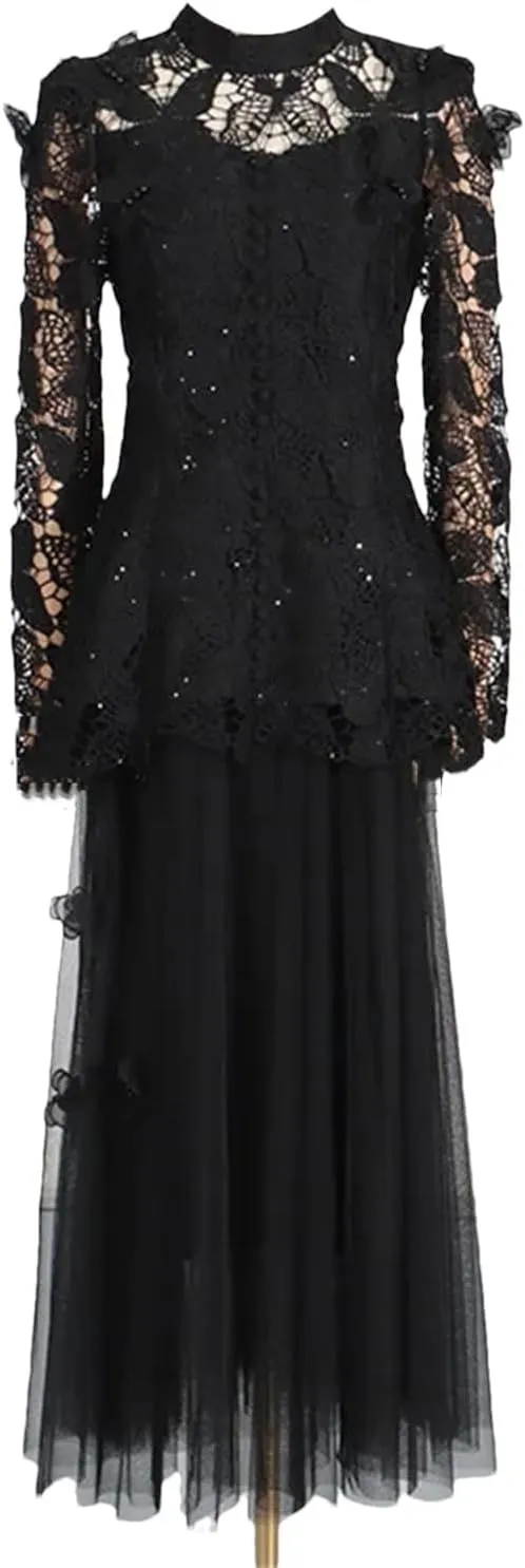 Women's Two-Piece Embroidered Long Sleeve Top   High Waist Net Skirt, Spring Dress