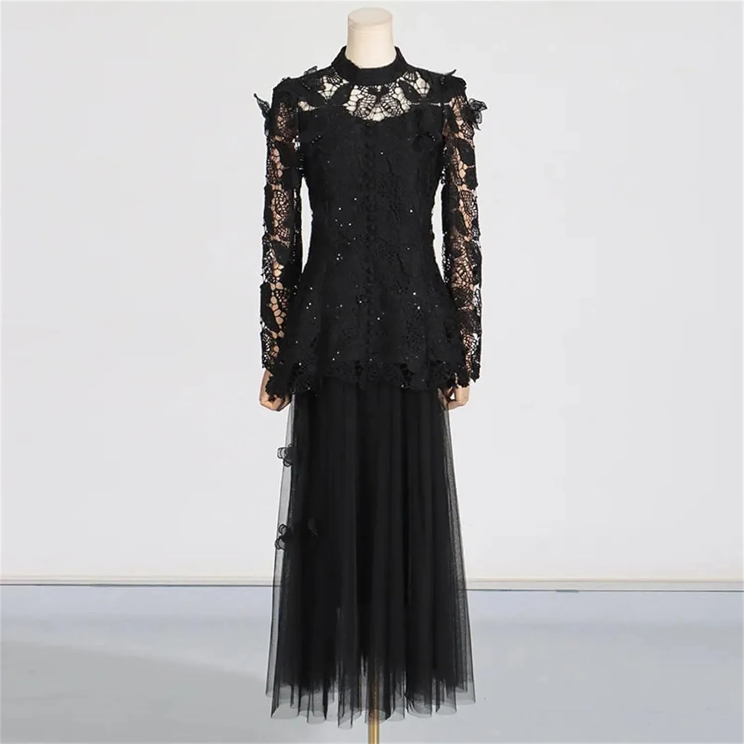 Women's Two-Piece Embroidered Long Sleeve Top   High Waist Net Skirt, Spring Dress