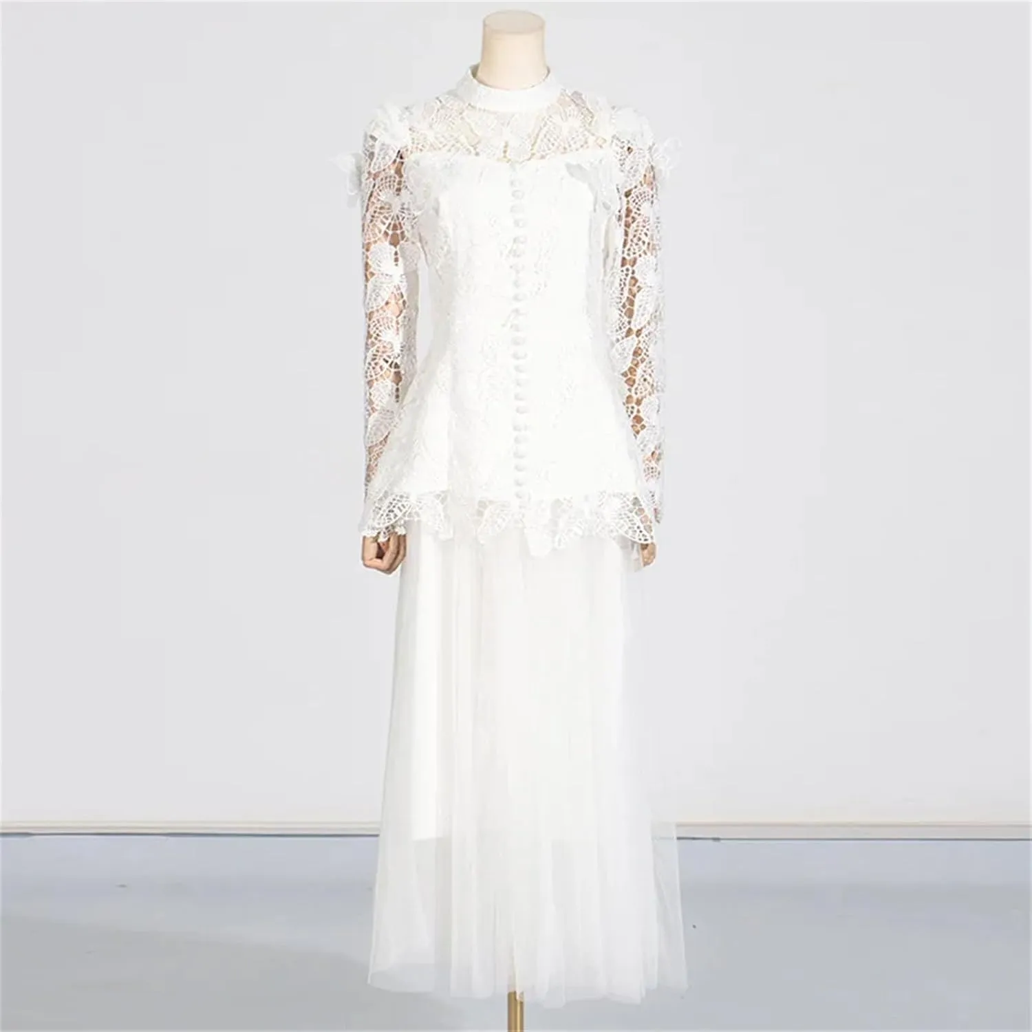 Women's Two-Piece Embroidered Long Sleeve Top   High Waist Net Skirt, Spring Dress