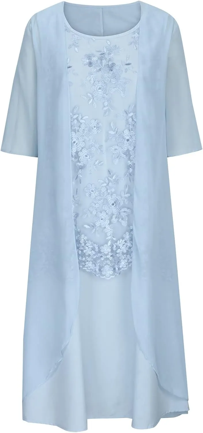 Womens Two-Piece Set Floral Print Midi Sleeveless Dress with Cardigan Chiffon Flowy Plus Size Wedding Guest Dresses