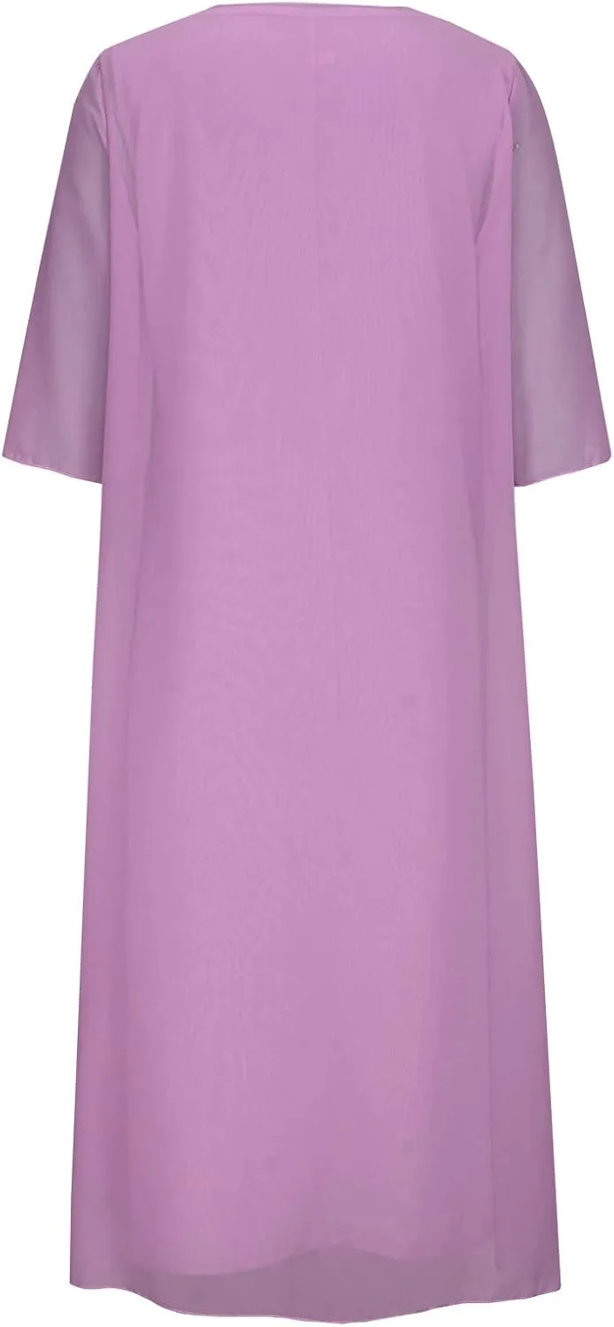 Womens Two-Piece Set Floral Print Midi Sleeveless Dress with Cardigan Chiffon Flowy Plus Size Wedding Guest Dresses