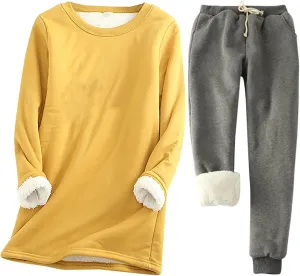 Women's Winter Warm Pajamas Sets Fleece Long Sleeve Thermal Top Fleece Joggers Loungewear Sleepwear Thermal Sets