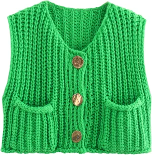 Wyeysyt Sweater Vest Women Sleeveless Crop Knit Cardigan Casual Button Down Cropped Knitted Sweater Vest with Pockets
