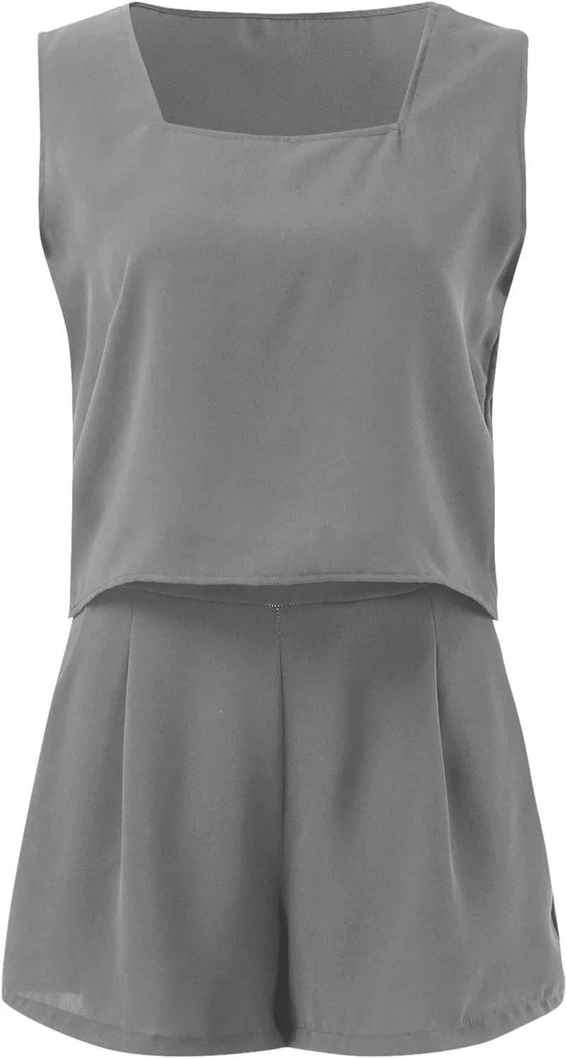 WYTong Two Piece Outfits for Women Summer Cotton Linen Sets with Sleeveless Tops and Elastic Waisted Shorts Loungewear