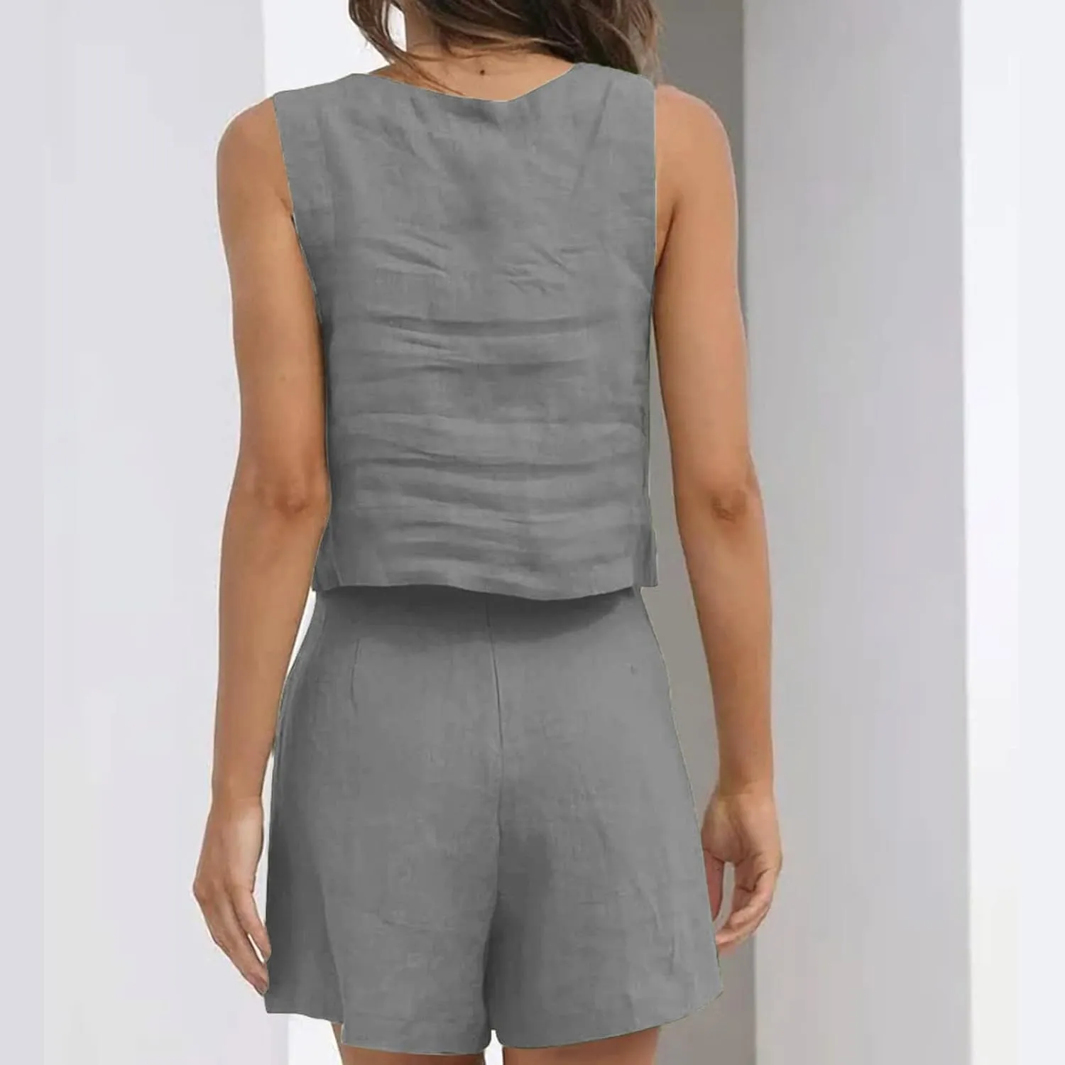 WYTong Two Piece Outfits for Women Summer Cotton Linen Sets with Sleeveless Tops and Elastic Waisted Shorts Loungewear