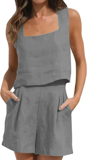 WYTong Two Piece Outfits for Women Summer Cotton Linen Sets with Sleeveless Tops and Elastic Waisted Shorts Loungewear